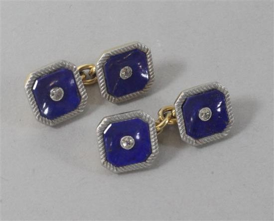A pair of 18ct gold, lapis lazuli and diamond set octagonal cufflinks.